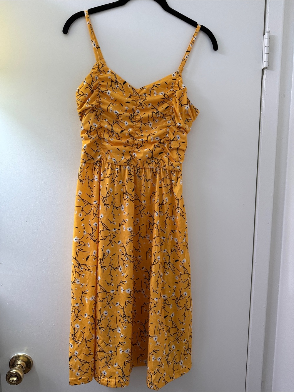 Yellow Floral Midi Dress with Ruched Bodice